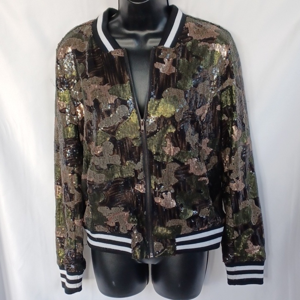 Freshman 1996 sequin camo bomber jacket, M, 20" PTP, 22" L
